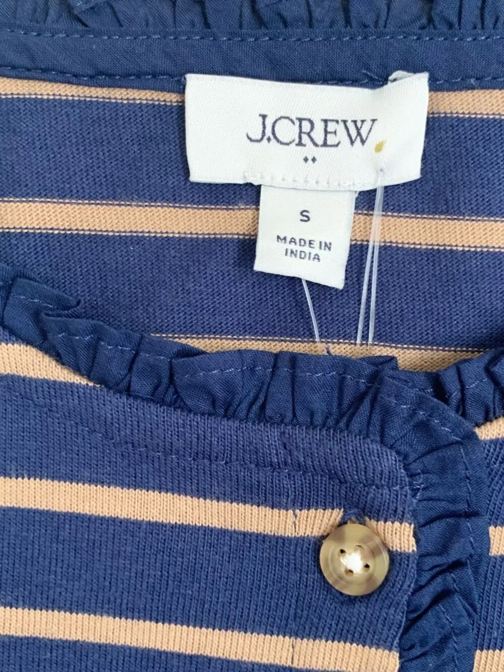 NWT J. Crew Factory Striped Ruffle-Collar Henley LS Top, Navy/Camel, Small